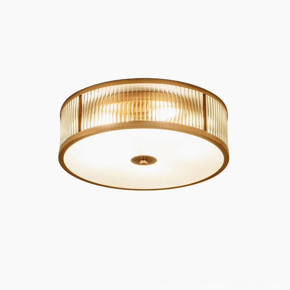 Geneva mid-century modern brass ceiling lamp with ribbed clear glass shade multiple angles