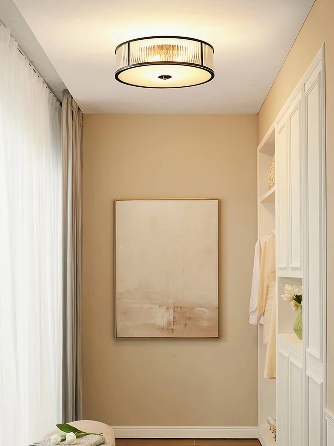 Geneva flush mount lamp in contemporary minimalist entryway hallway with neutral decor
