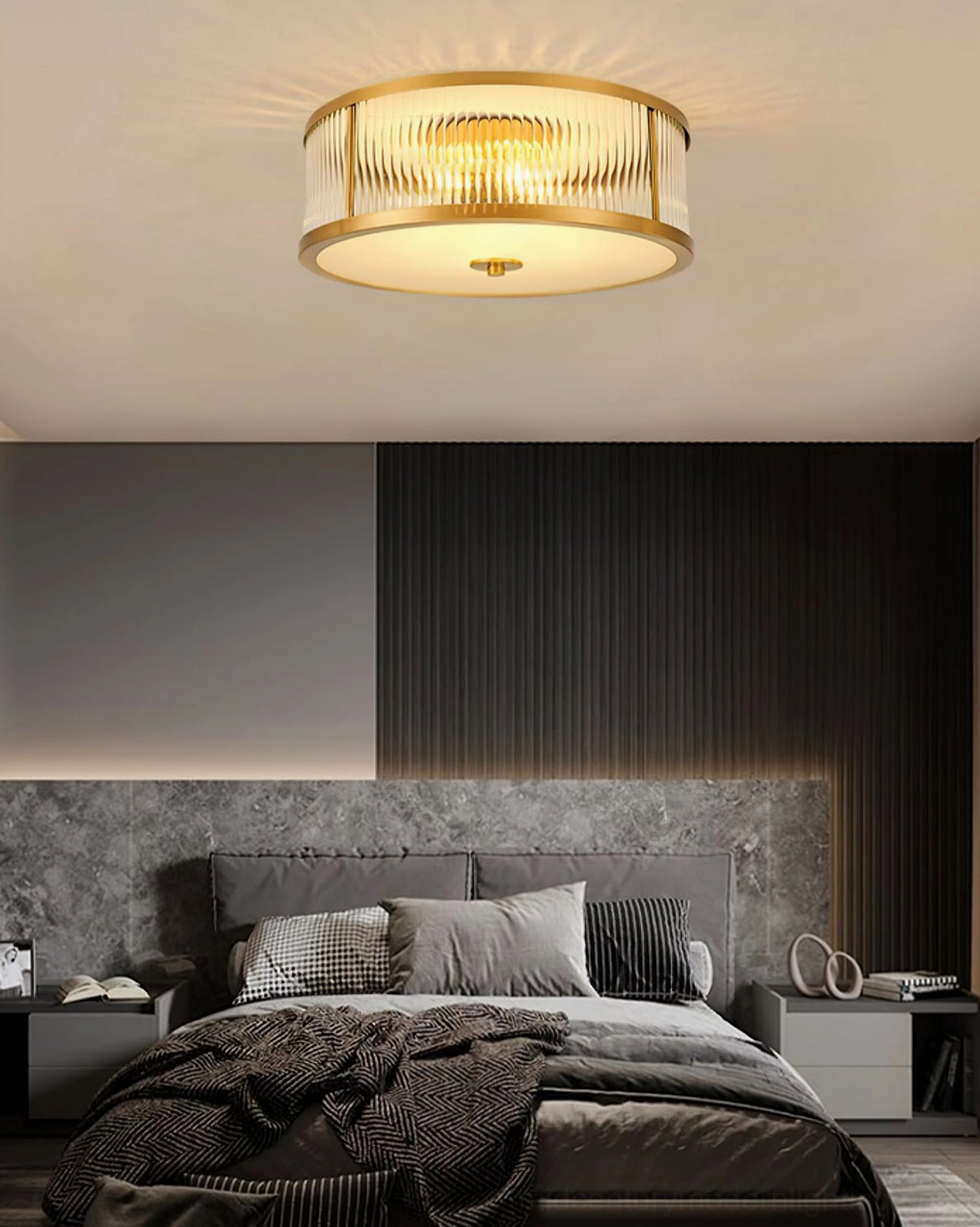 Geneva flush mount lamp in modern dark luxury bedroom with grey accent wall and fabric bedding