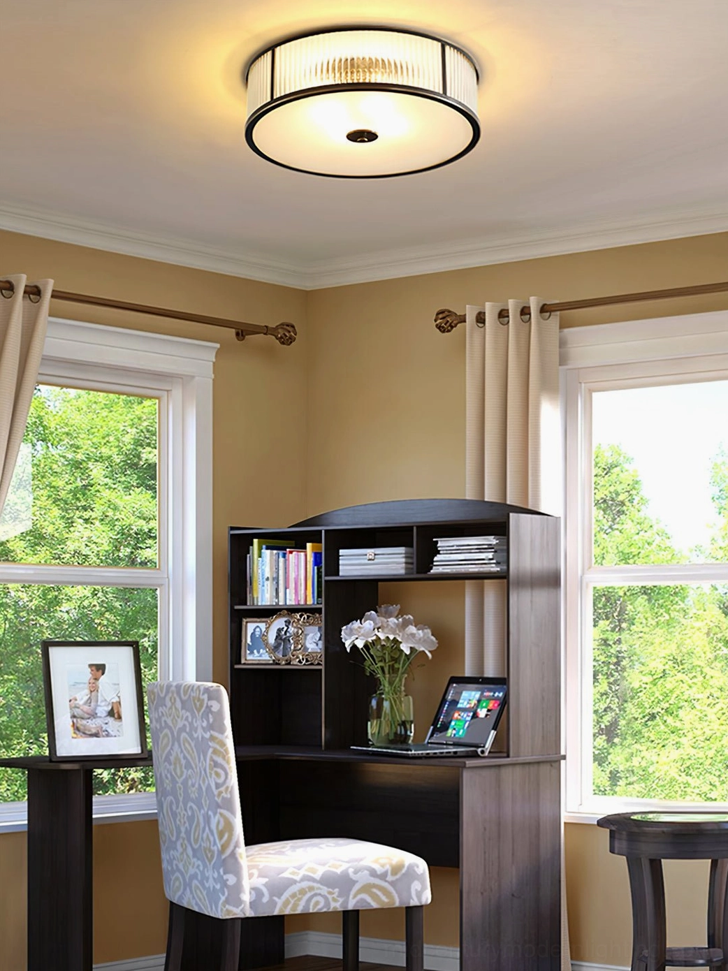 Geneva black-framed flush mount ceiling lamp in modern home office with dual windows and dark wood furniture