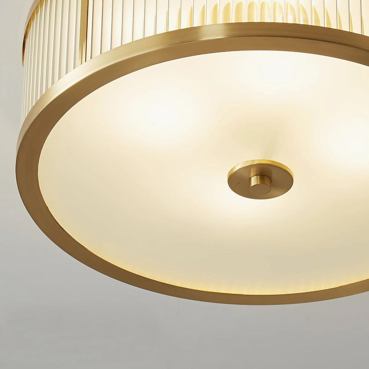 Geneva brass flush mount lamp overhead view showing warm white integrated LED illumination
