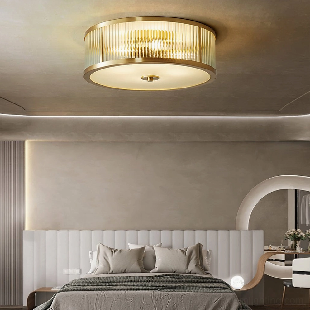 Geneva ceiling lamp mounted on white ceiling showing ribbed glass diffusion and light distribution