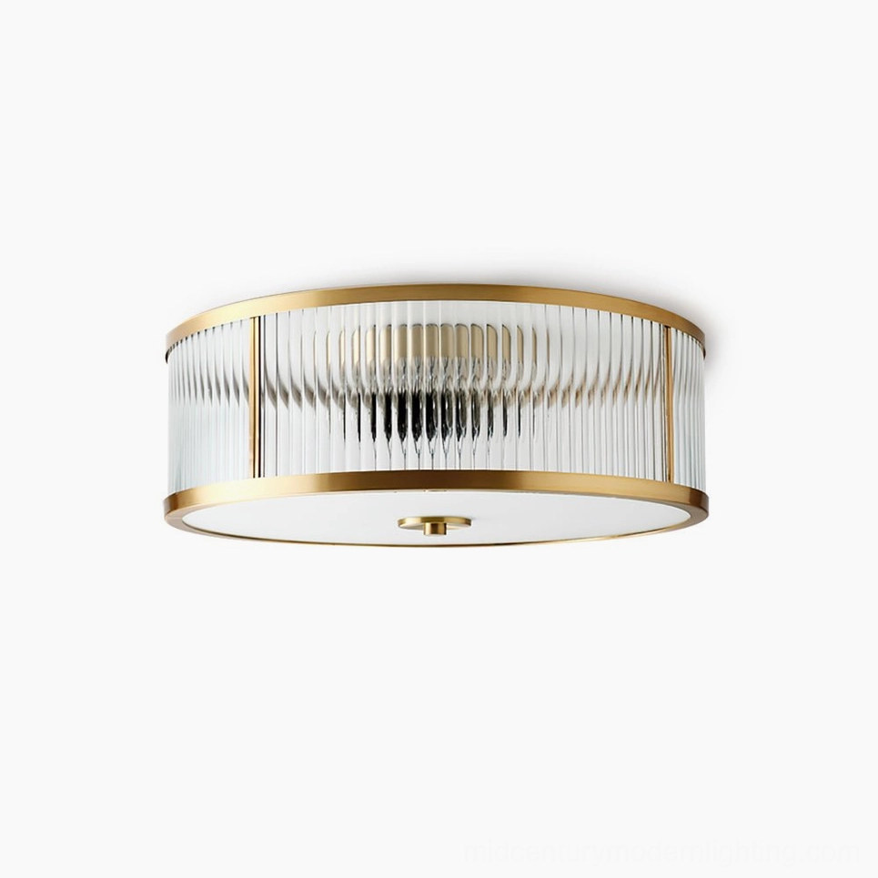 Geneva mid-century modern flush mount ceiling lamp product hero shot polished brass and clear glass