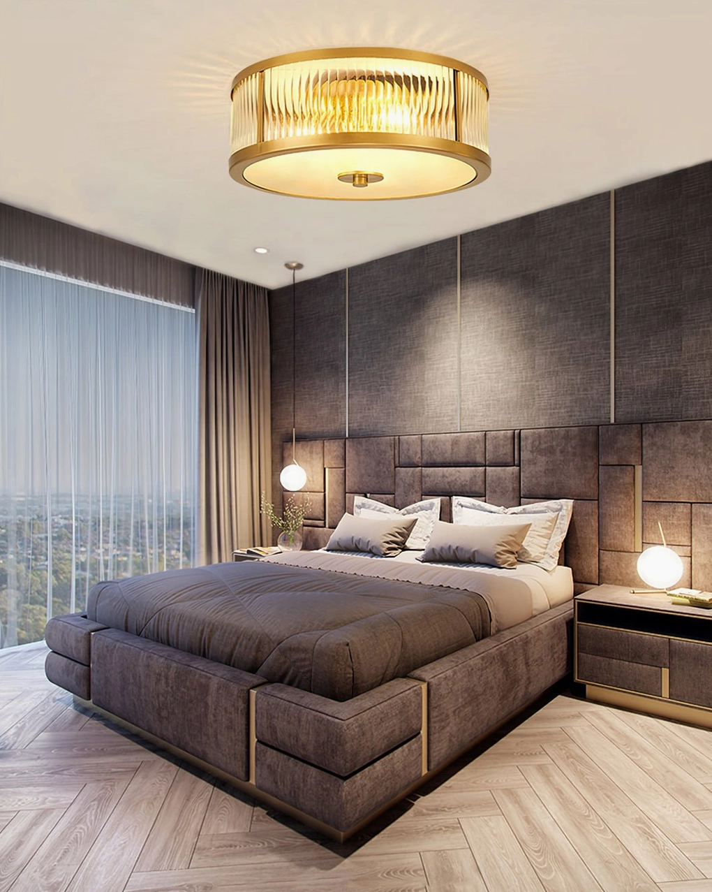 Geneva ceiling lamp in high-end dark-toned bedroom with upholstered bed and hardwood flooring