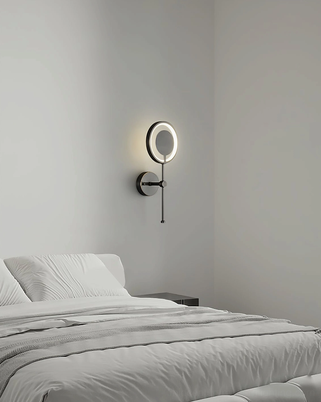 Modern ring LED wall lamp architectural detail showing geometric concentric circle design and light emission