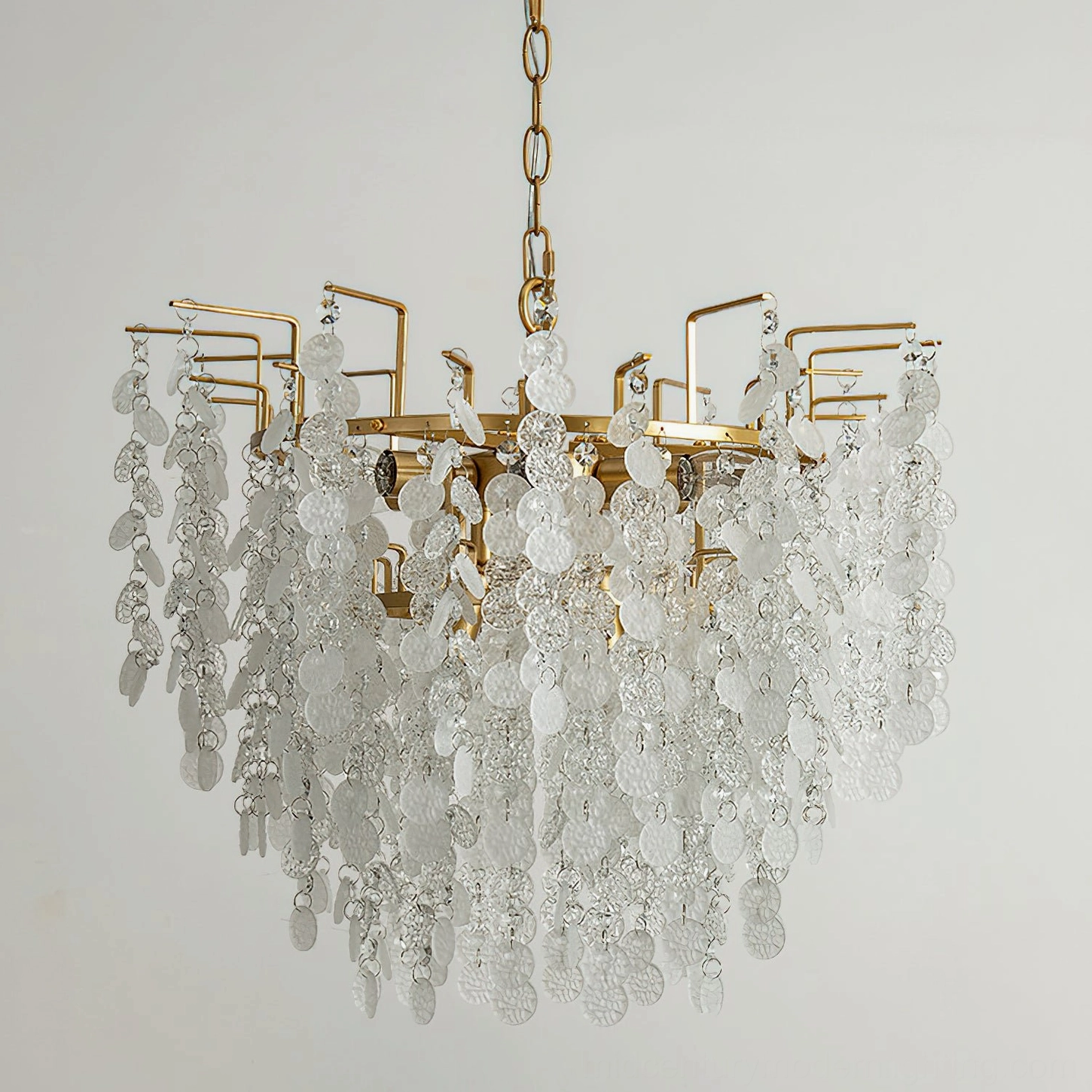 Gevan chandelier overhead back view against white studio background showing chain suspension