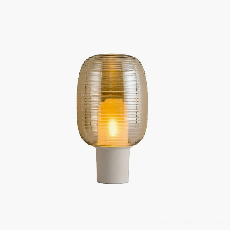 Ghia mid-century modern table lamp with cognac amber ribbed glass shade, full product view