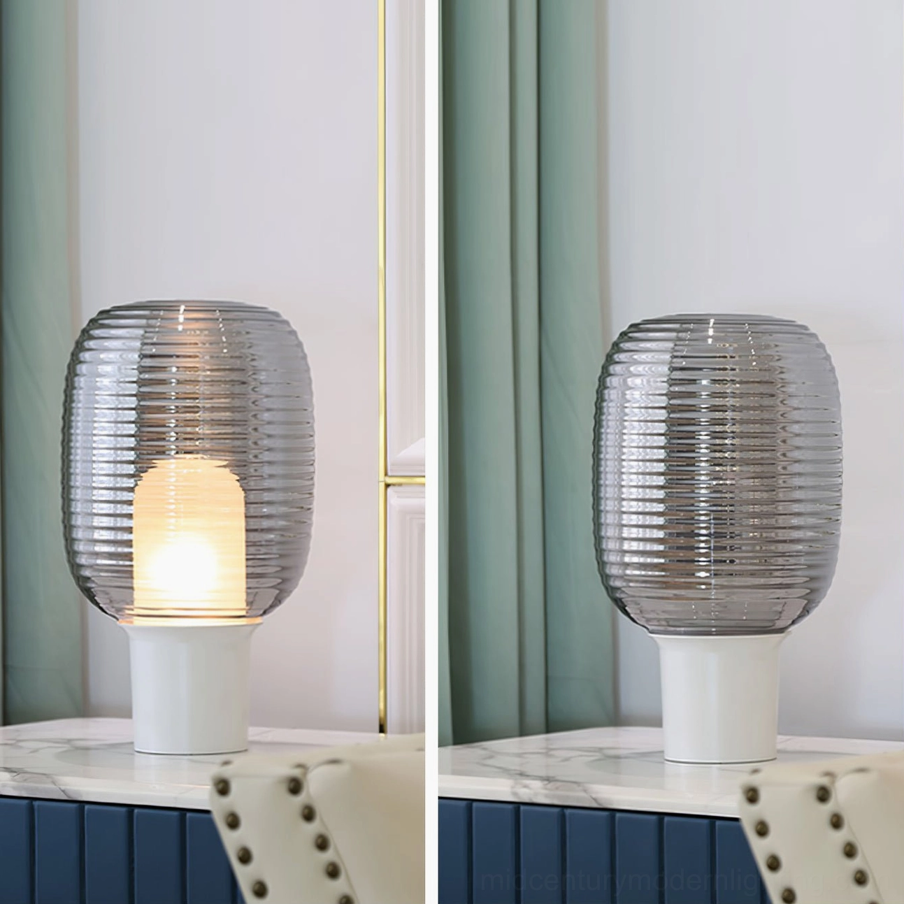 Pair of matching Ghia smoke grey ribbed glass table lamps in dual bedroom bedside arrangement with green backdrop