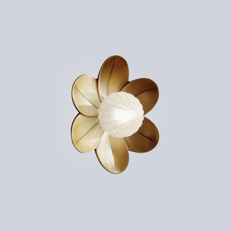 Gigi floral wall lamp with pale warm gold petals and matte white frosted glass core