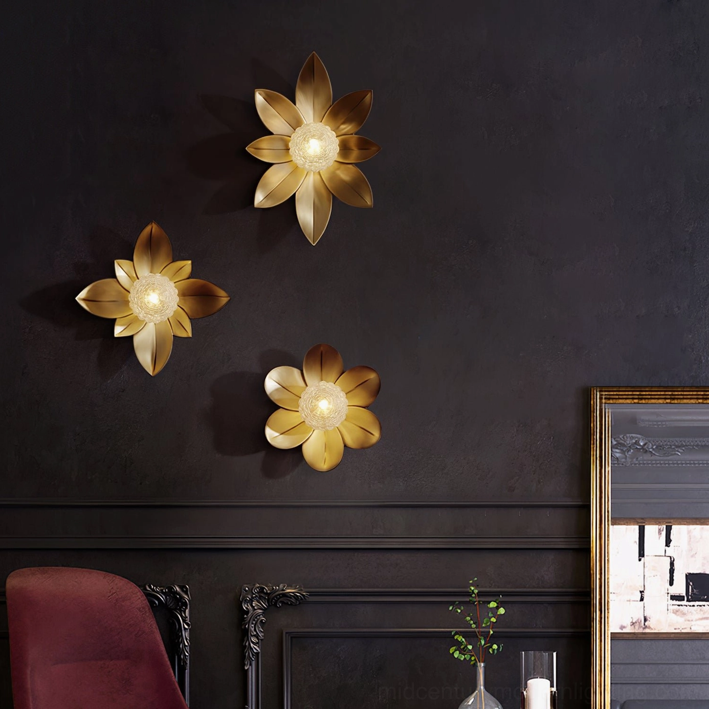 Three Gigi sconces staggered heights, industrial loft accent wall display