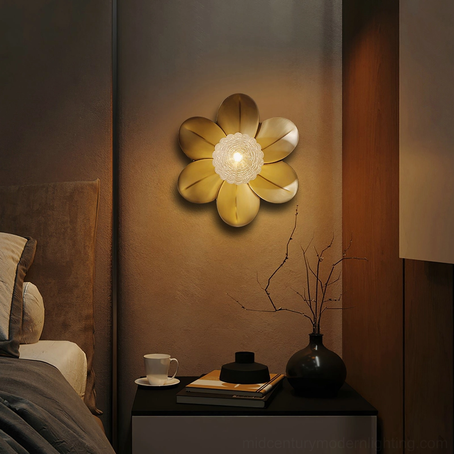 Gigi wall sconce installed in modern bedroom, warm ambient glow above nightstand