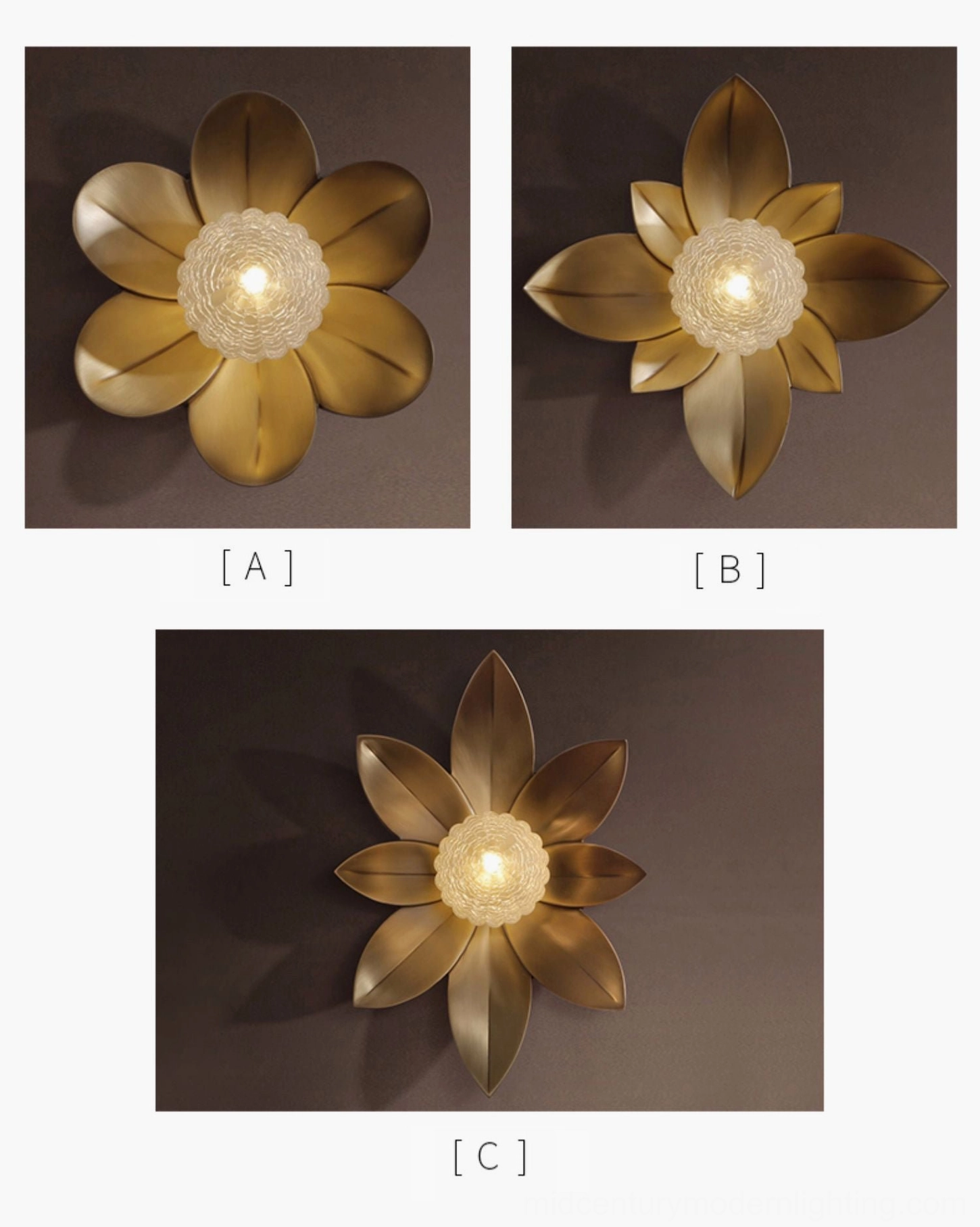 Gigi wall sconce sample set showing three variants with warm gold and bronze finishes