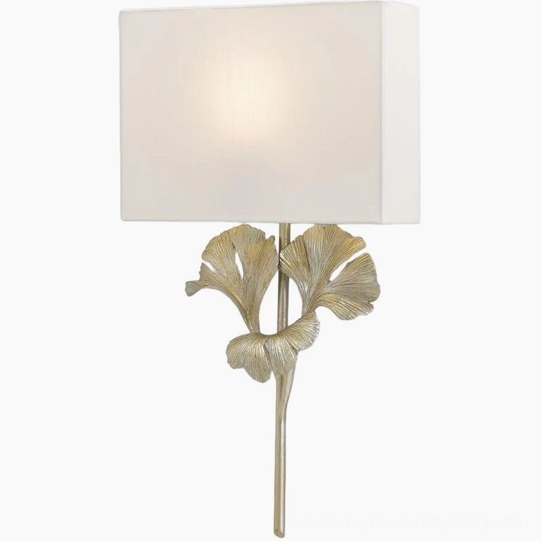 Vintage gingko leaf wall lamp architectural detail with ornamental brass frame