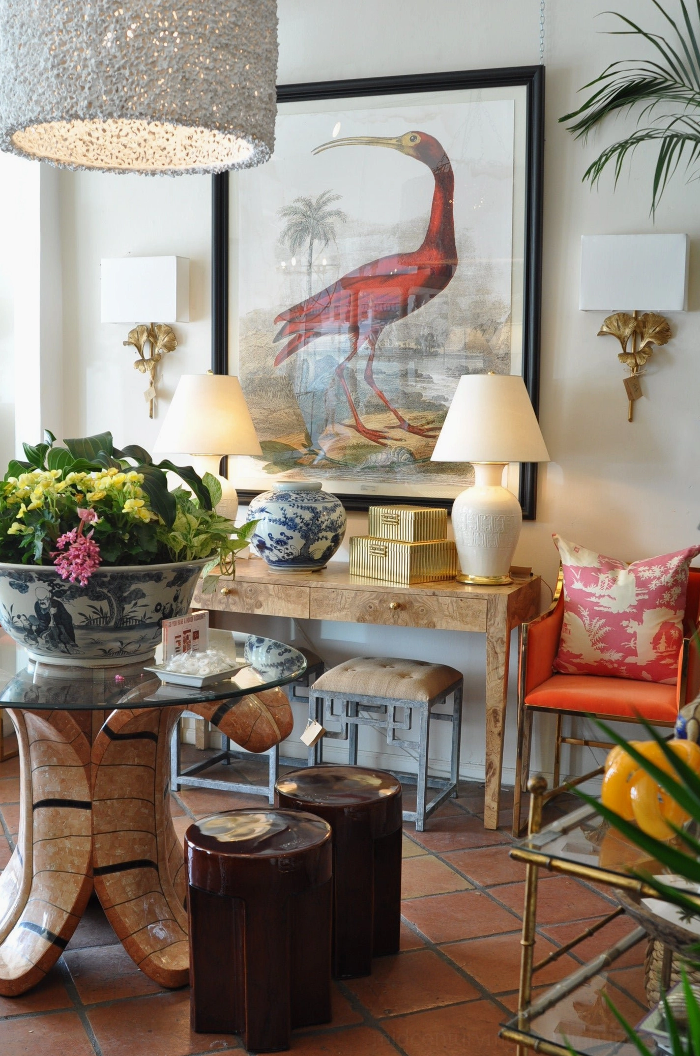 Paired gingko wall lamps in luxury living room with table lamps and modern wall art