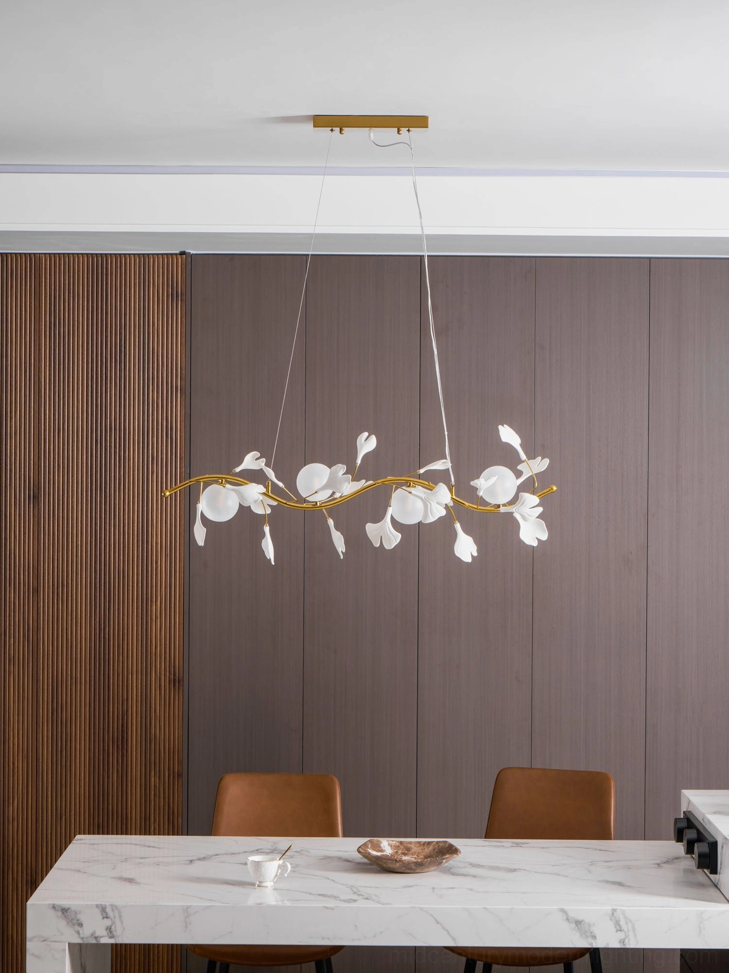 Ginkko Glass Chandelier 6-head statement size L 148cm showing extended linear fixture design