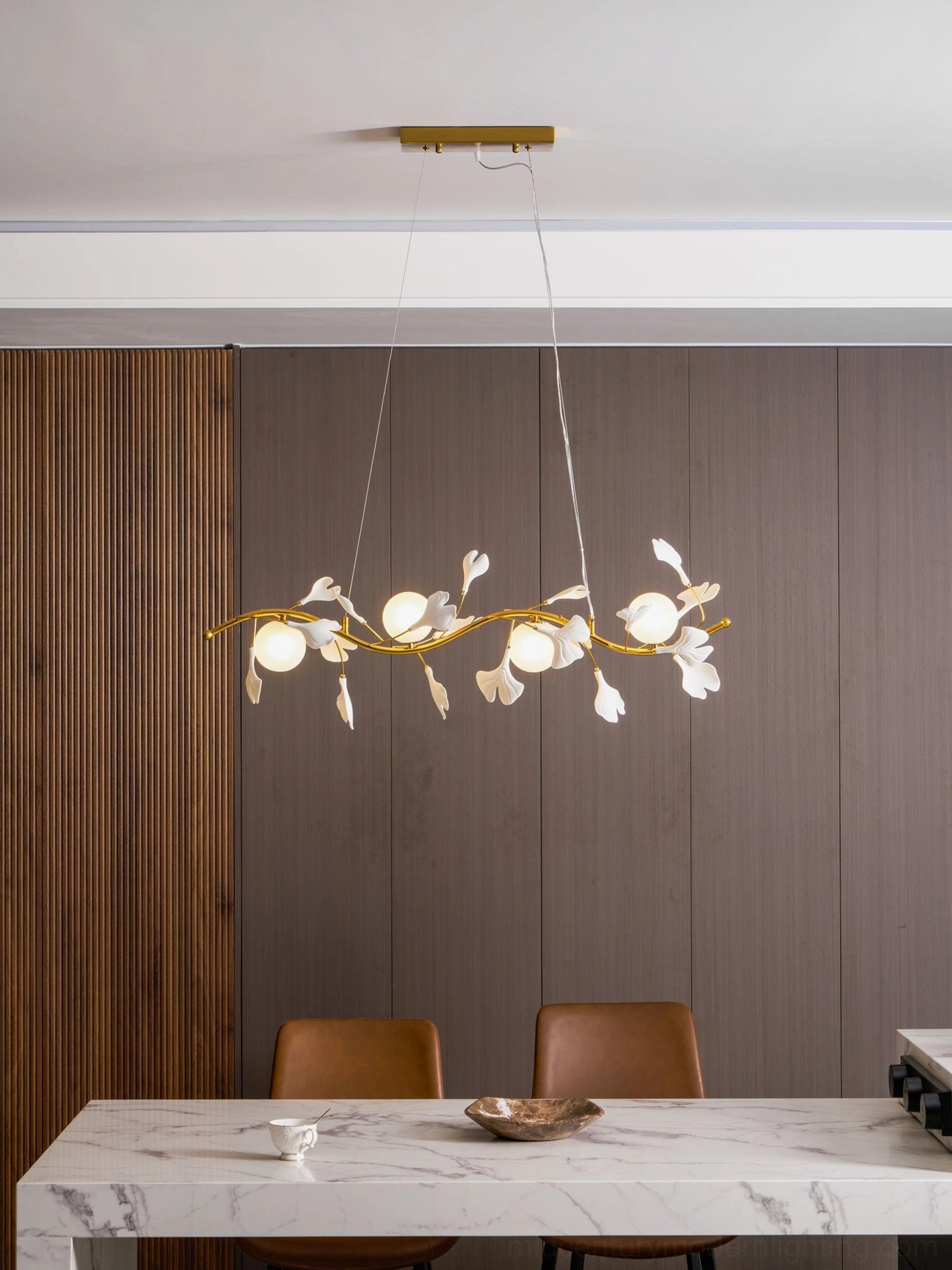Ginkko Glass Chandelier angled perspective revealing three-dimensional glass leaf arrangement