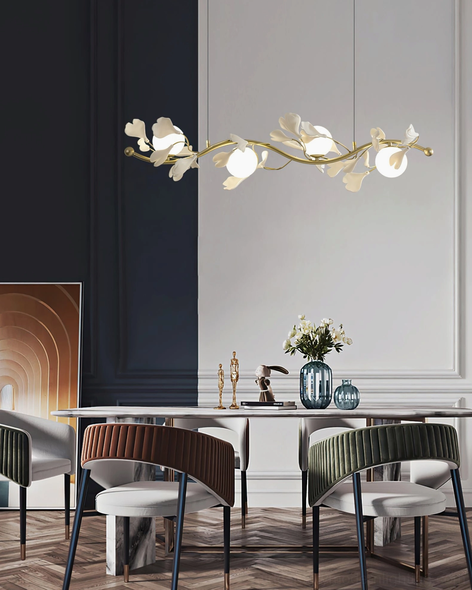 Ginkko Glass Chandelier in dual-tone modern dining space with mixed dark and white wall panels and tabletop decor