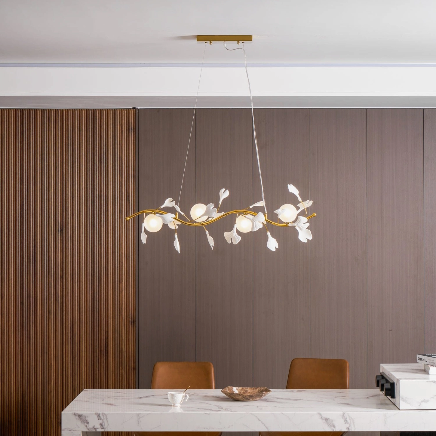 Ginkko Glass Chandelier full front view showing complete linear branch structure and ceramic socket composition