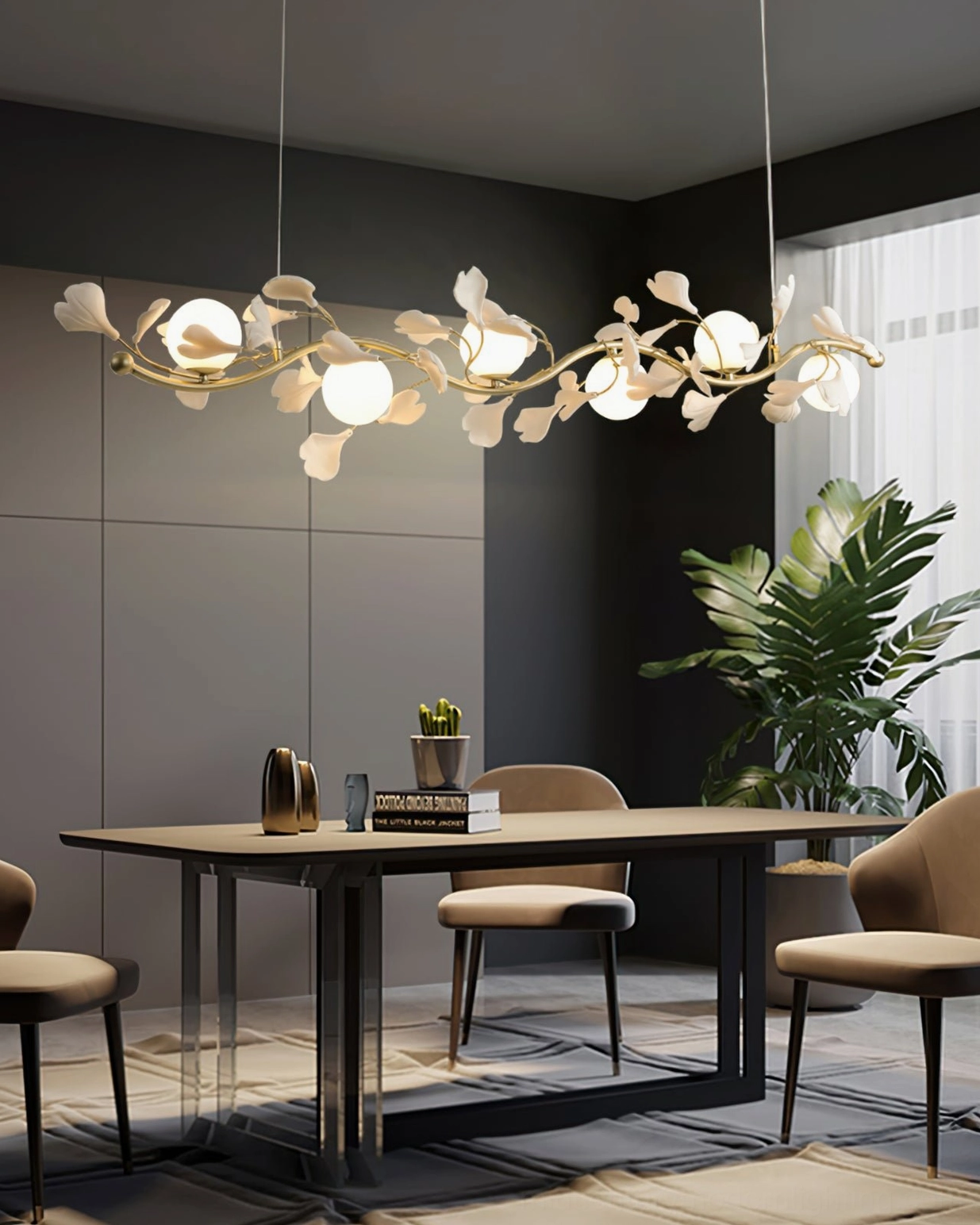 Ginkko Glass Chandelier in minimalist dining room with large windows showing warm ambient lighting effect