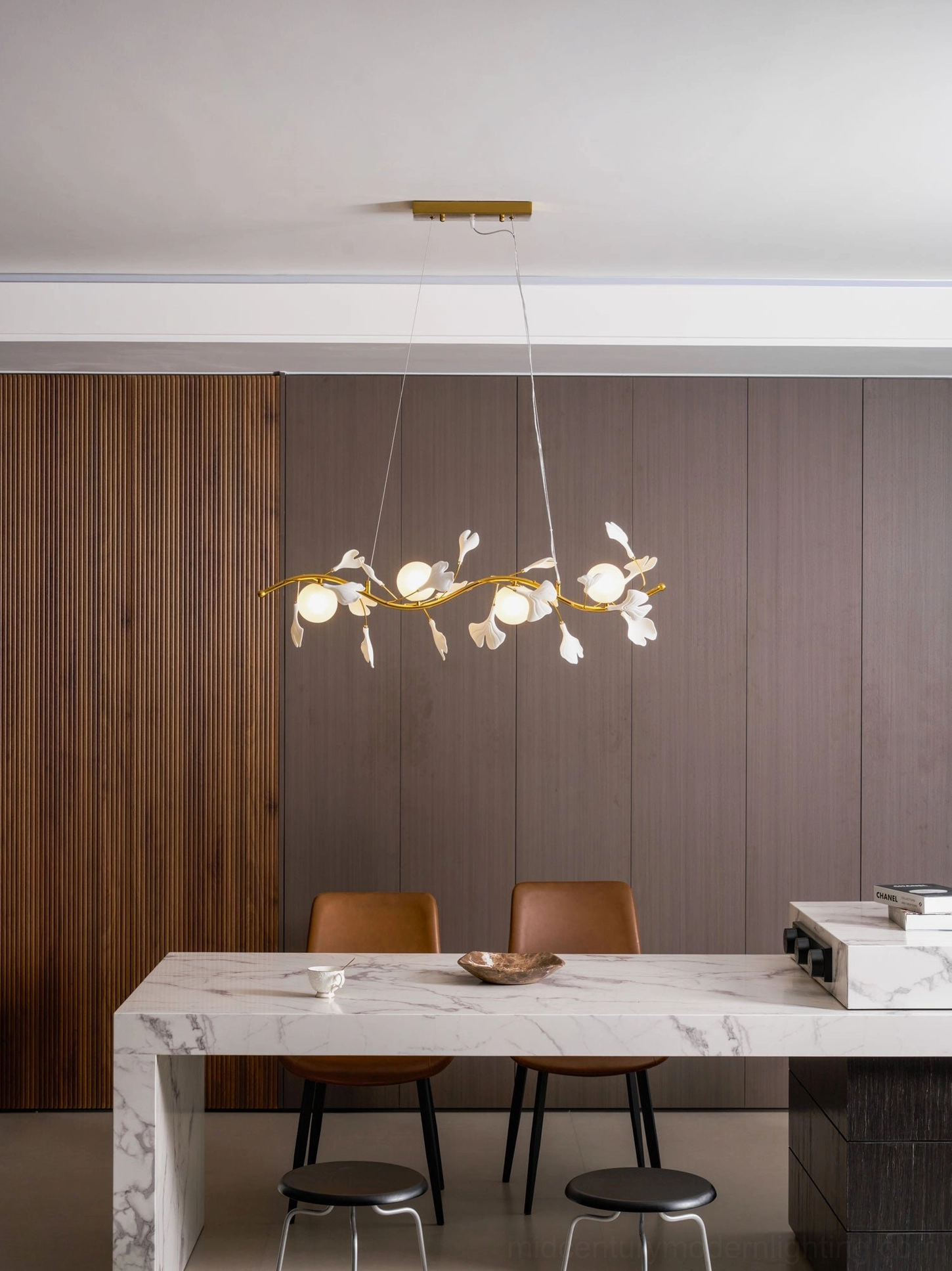 Ginkko Glass Chandelier side profile showing brass branch depth and glass leaf silhouette