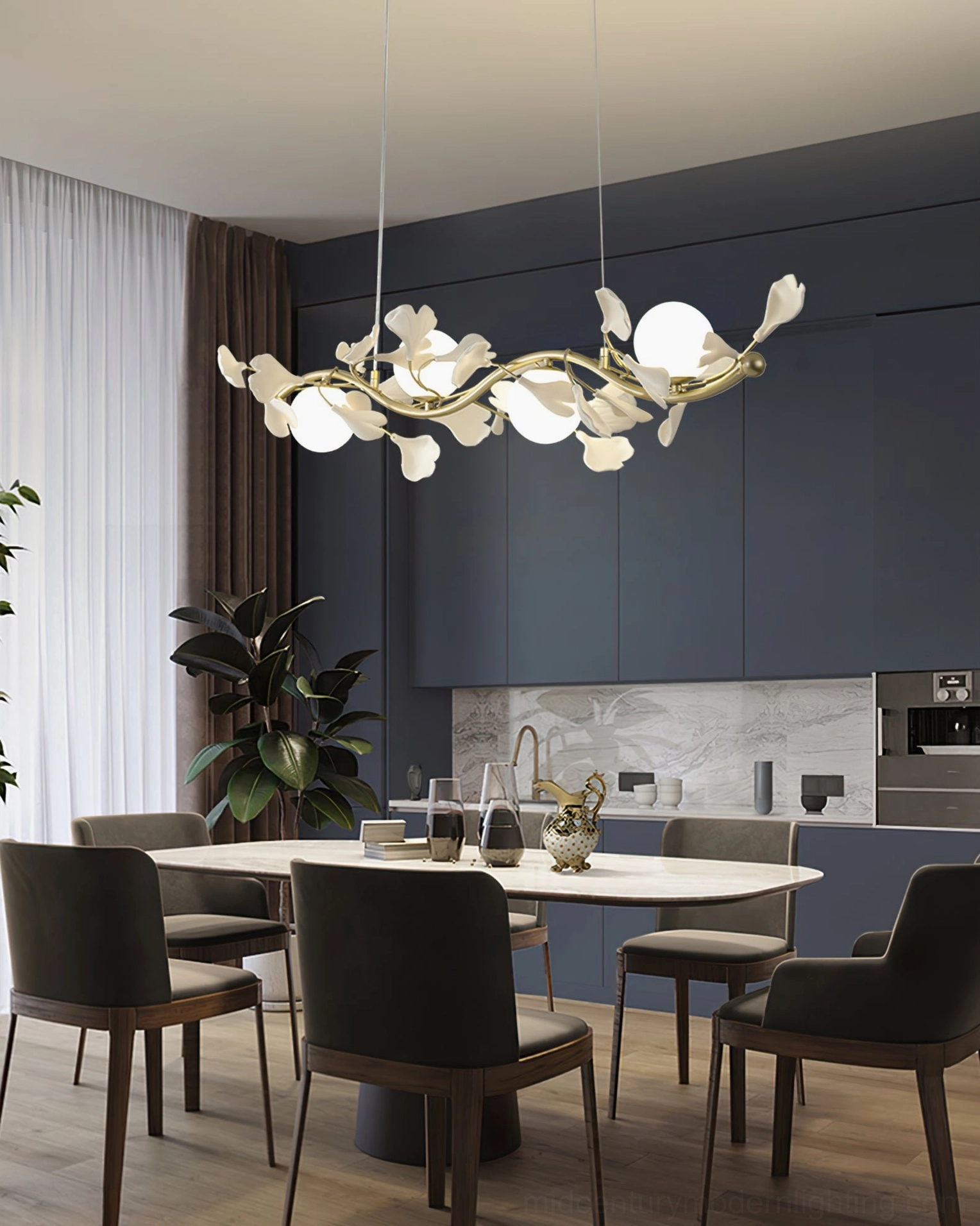 Ginkko Glass Chandelier 6-head statement size showing all glass leaves and ceramic stem arrangement