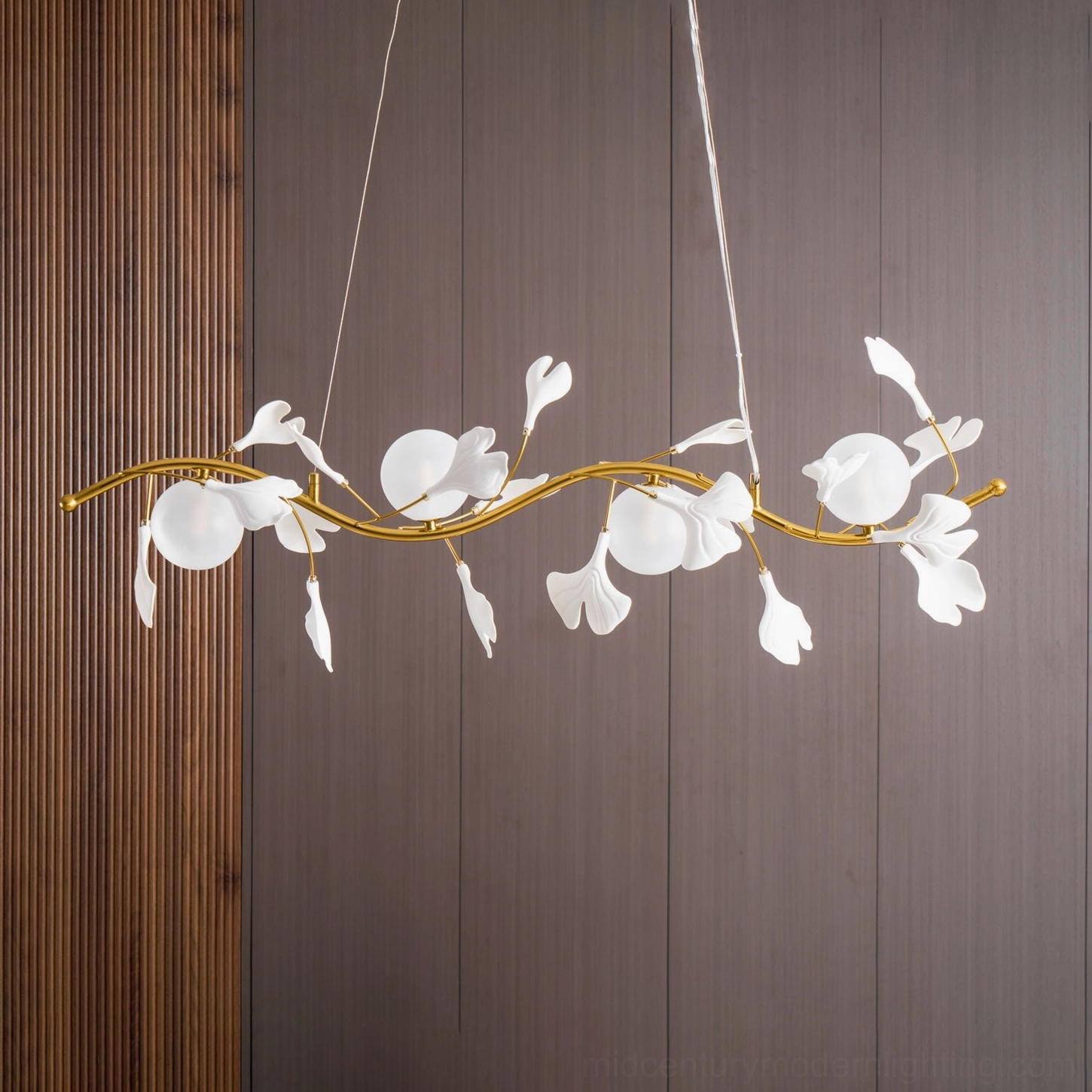 Ginkko Glass Chandelier warm gold finish highlighting mid-century modern design aesthetic