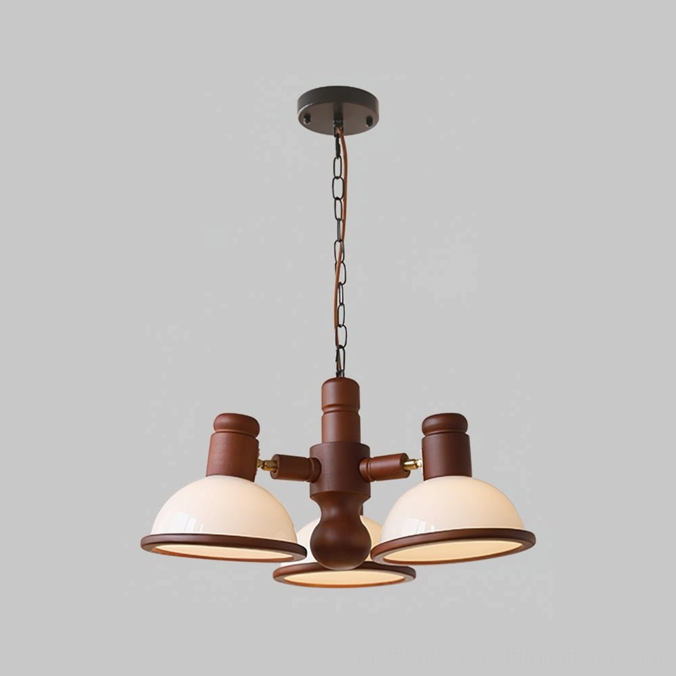 Girona Mia 3-head Walnut & White wooden pendant chandelier, product showcase view