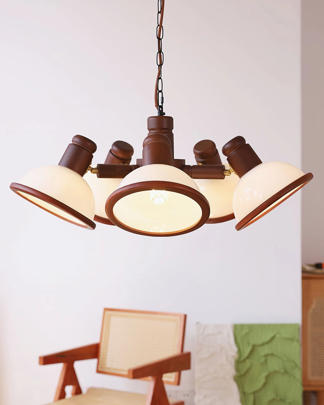 Girona Mia 3-head branch chandelier with warm walnut wood and white metal shades in contemporary interior