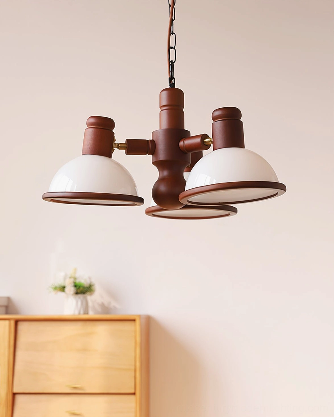 Girona Mia 3-head pendant with walnut wood frame and white glass shades, minimalist interior styling