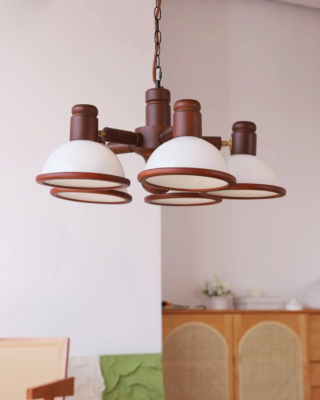 Girona Mia 5-head pendant chandelier with five white enamel shades and walnut wood frame, full frontal view