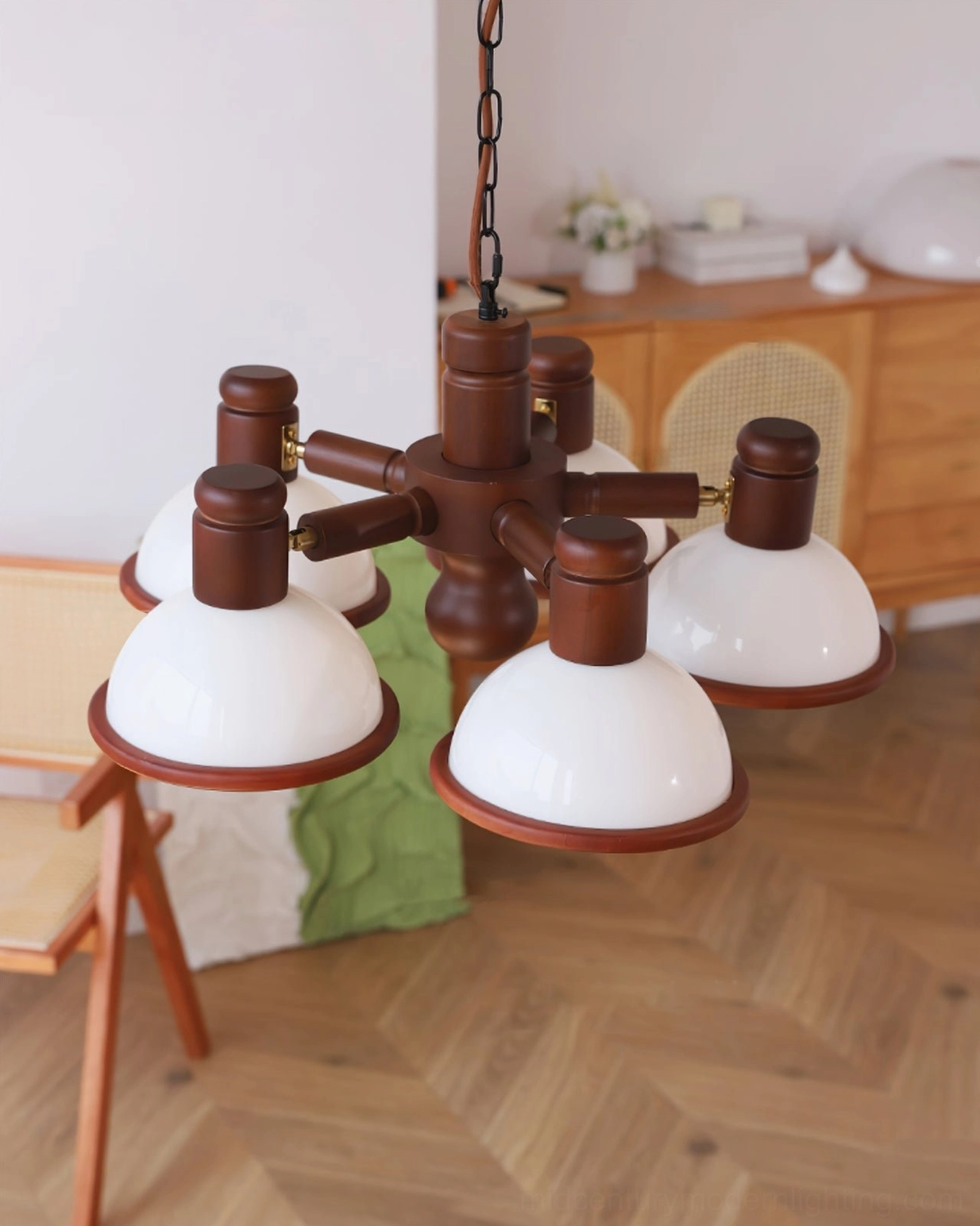 Girona Mia mid-century modern branch chandelier in home interior with wooden storage cabinet
