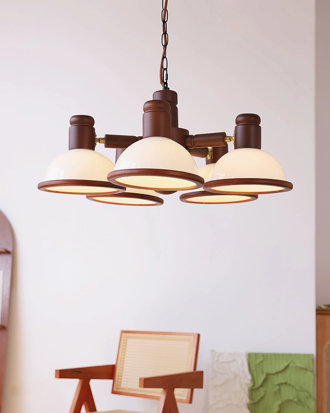 Girona Mia pendant chandelier hanging detail showing walnut wooden branches and metal frame construction