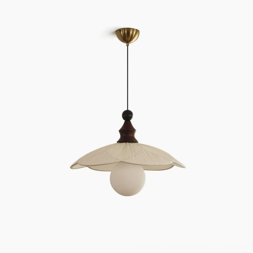 Giselle pleated fabric pendant light studio view - mid-century modern design with walnut wood and brass ceiling cap