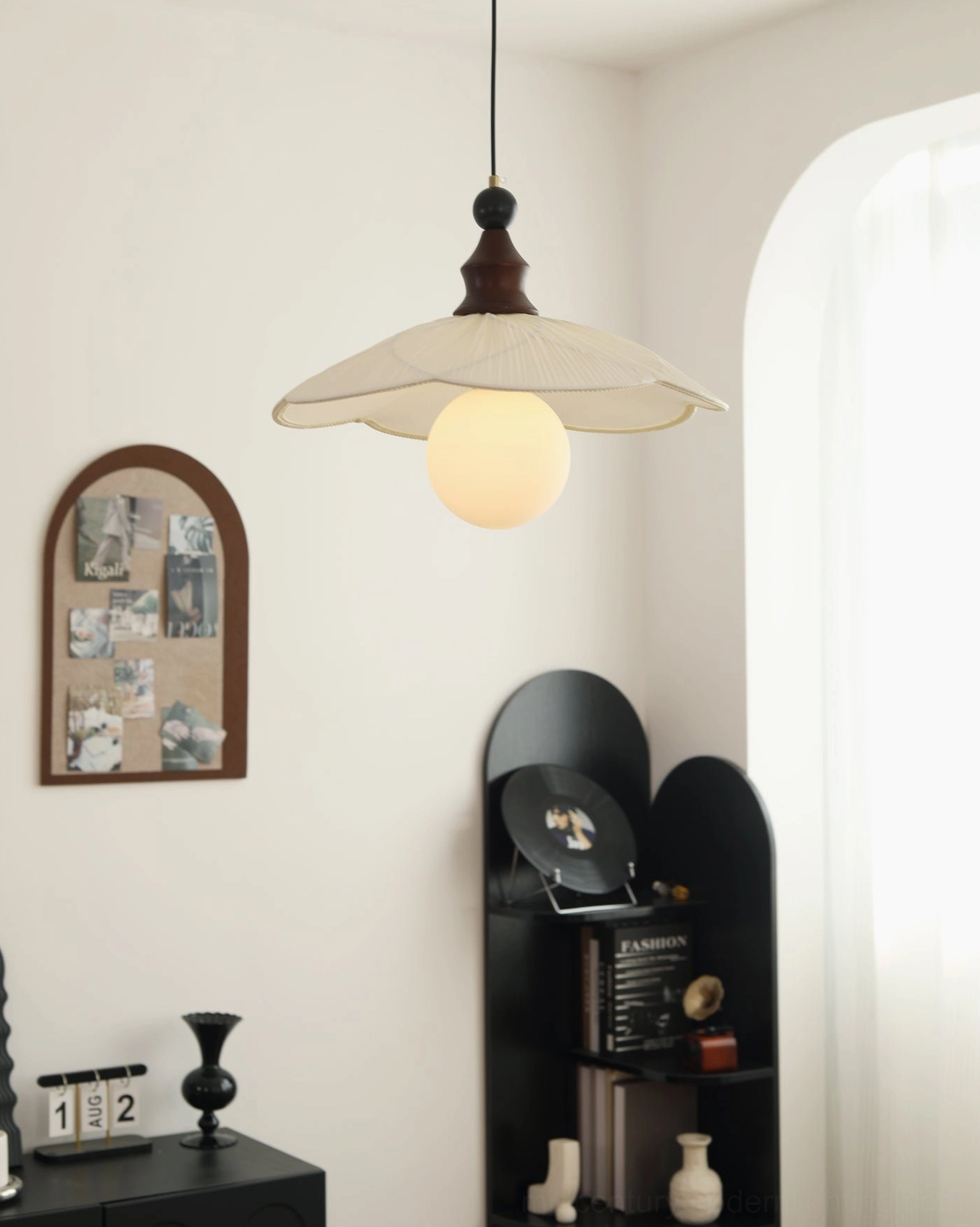 Giselle pleated pendant light vintage corner arrangement - arched frame and ornamental shelf display