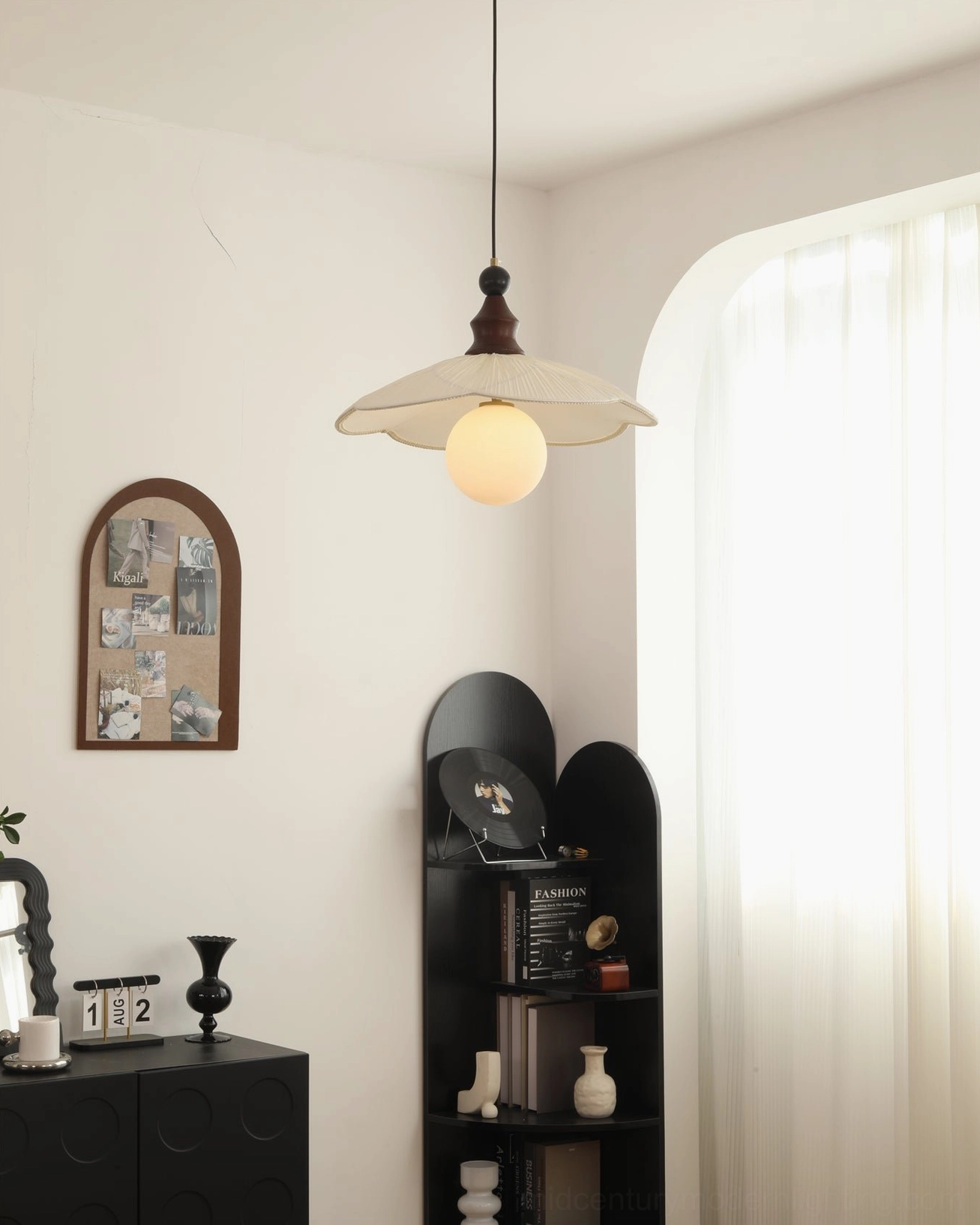 Giselle fabric pendant light by window with sheer curtain - side view showing pleated shade detail