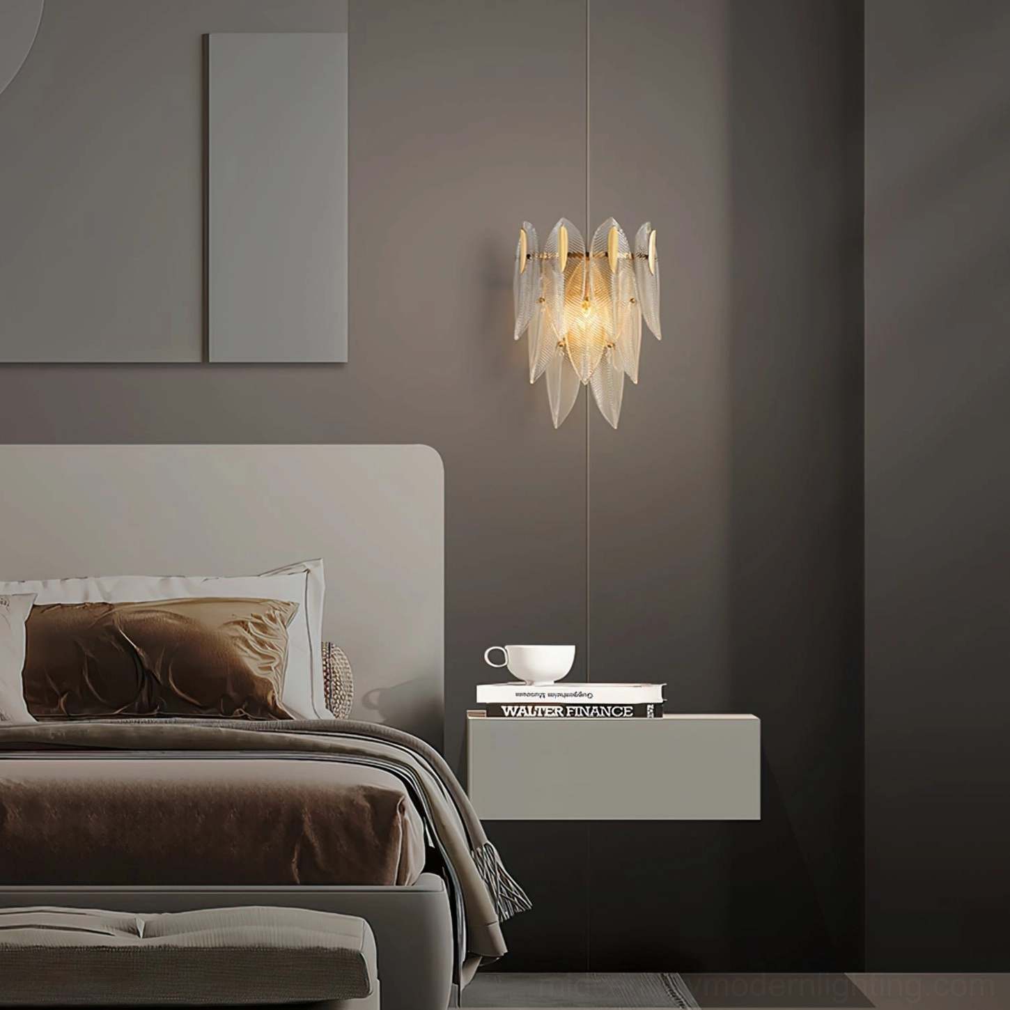 Giulia brass wall lamp side profile showing minimalist luxury aesthetic in master bedroom space