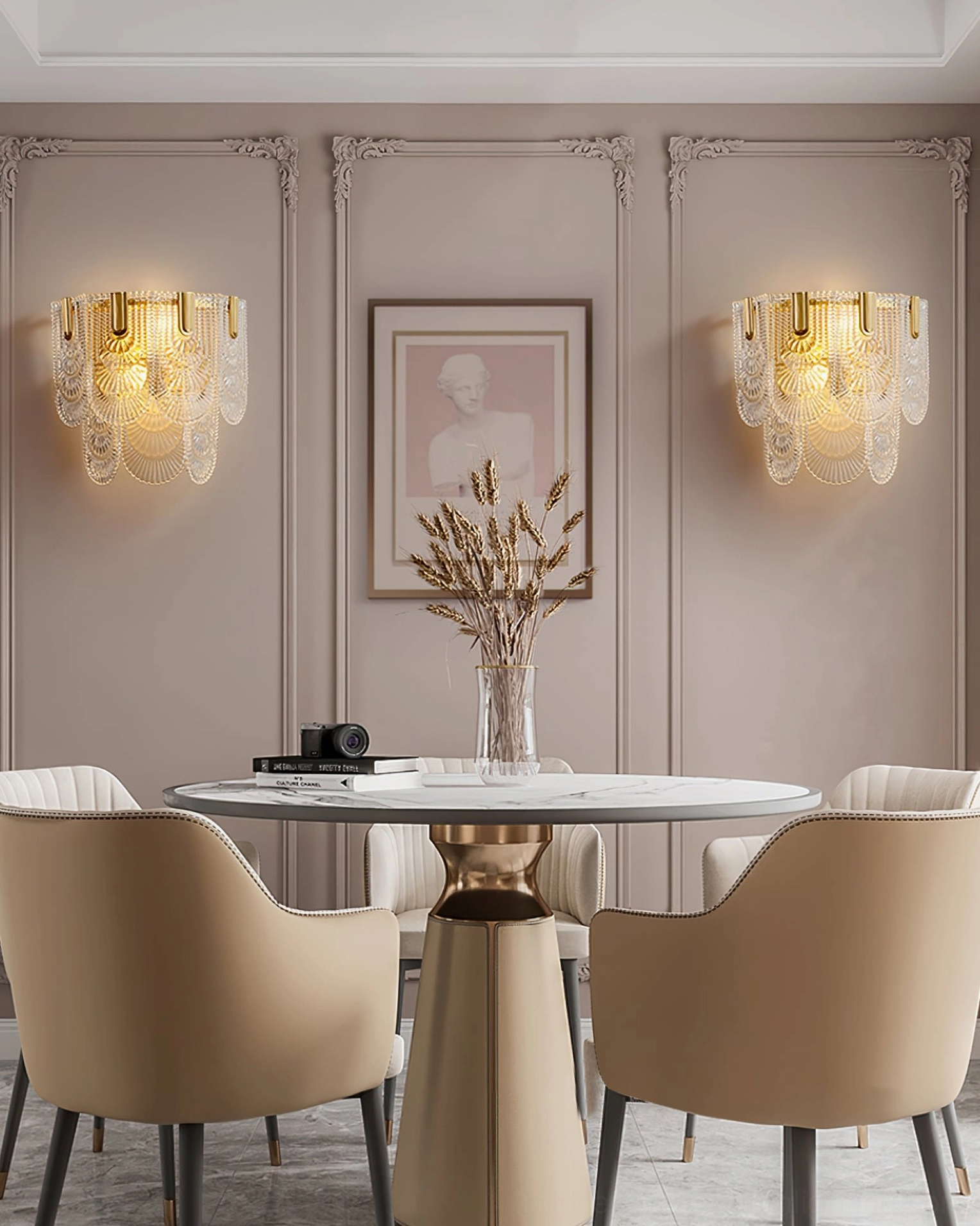 Giulia brass wall sconce with crystal glass elements in modern bedroom with soft warm illumination