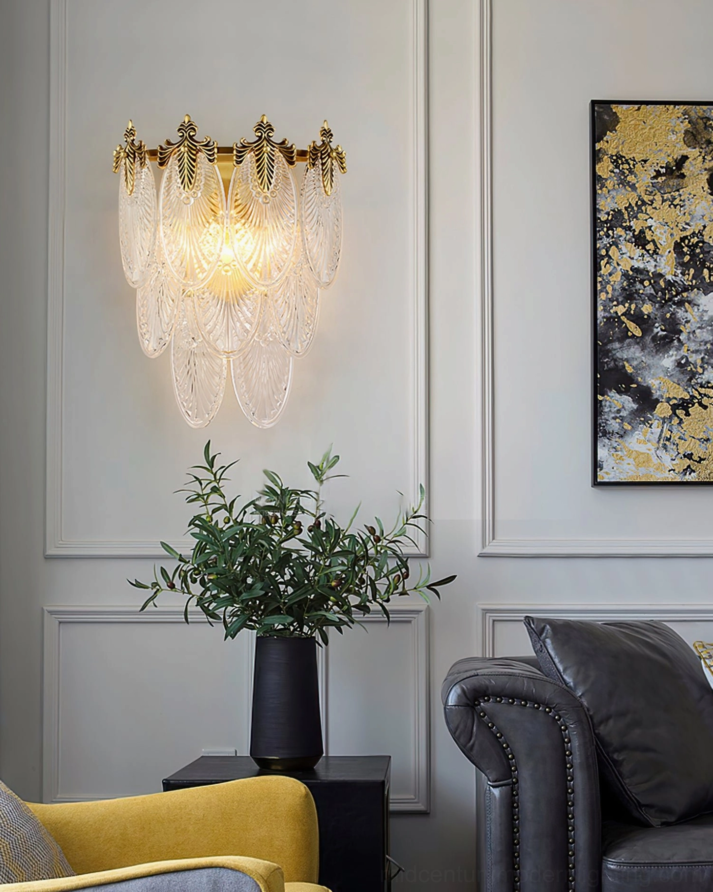 Giulia tiered glass brass wall lamp installed above vanity mirror for bathroom grooming lighting