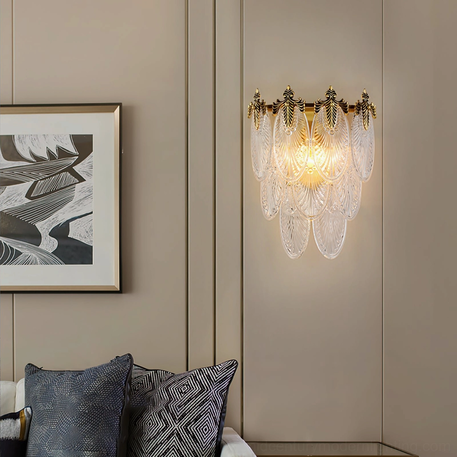 Giulia mid-century modern brass wall sconce detail showing E14 bulb socket and glass mounting