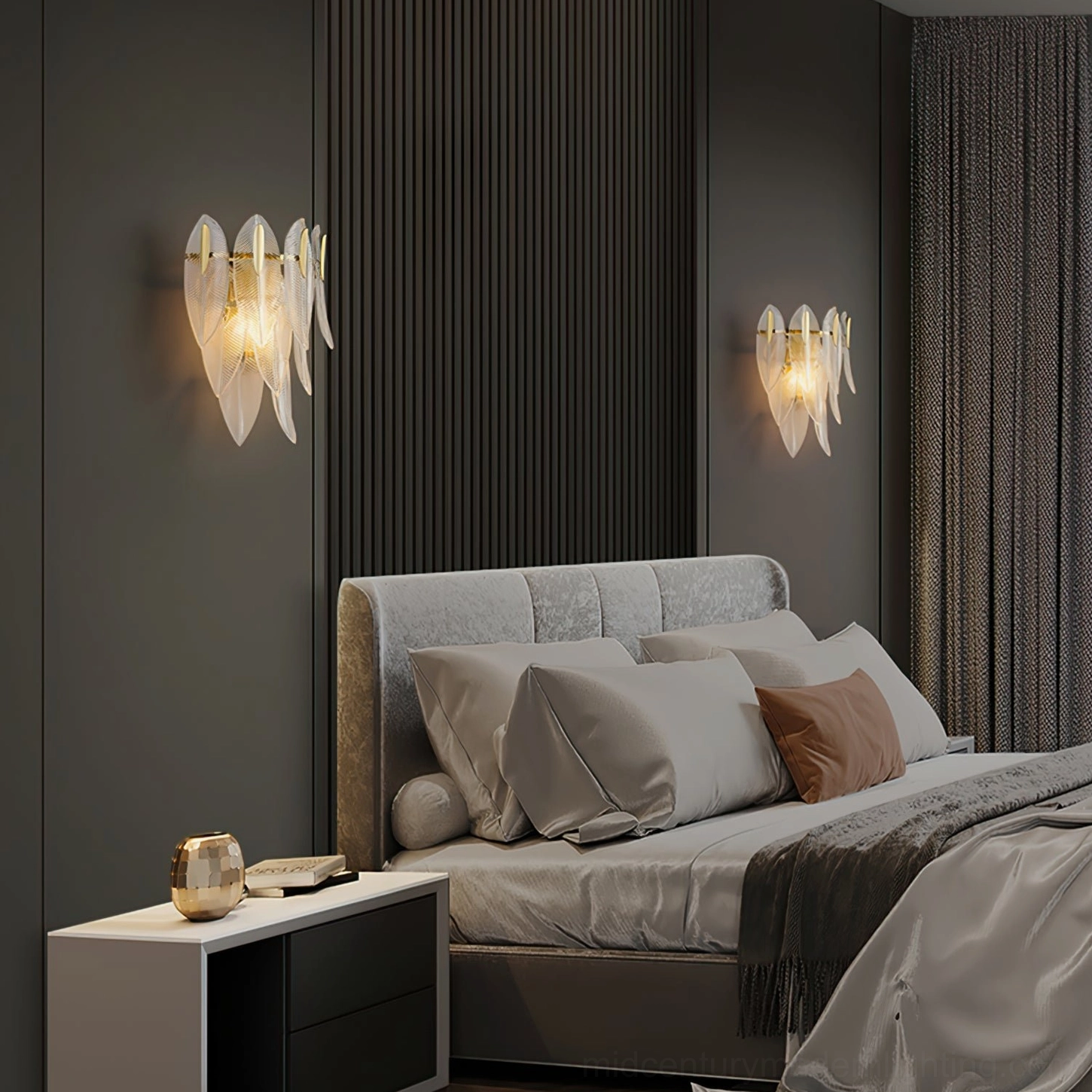 Pair of Giulia ribbed glass brass wall lamps symmetrically installed in modern master bedroom