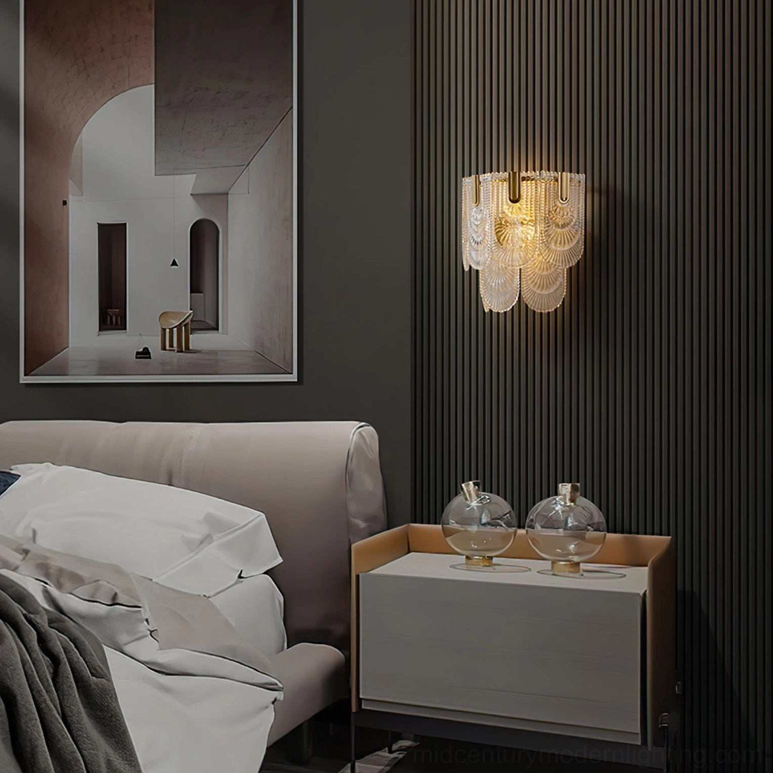 Giulia tiered crystal wall lamp mounted in contemporary bedroom with abstract wall art accent