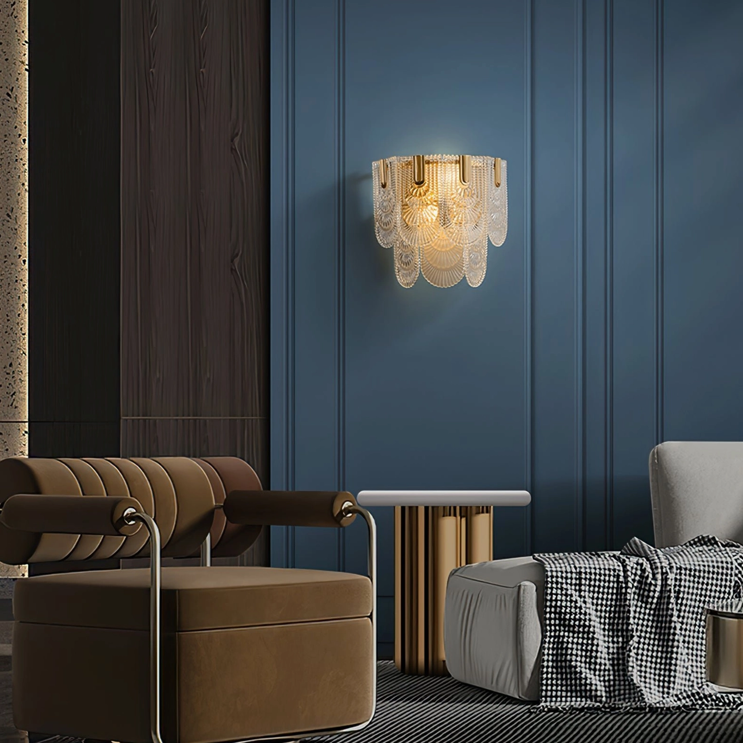 Giulia tiered crystal brass wall lamp installed in luxury bedroom above nightstand with warm ambient lighting