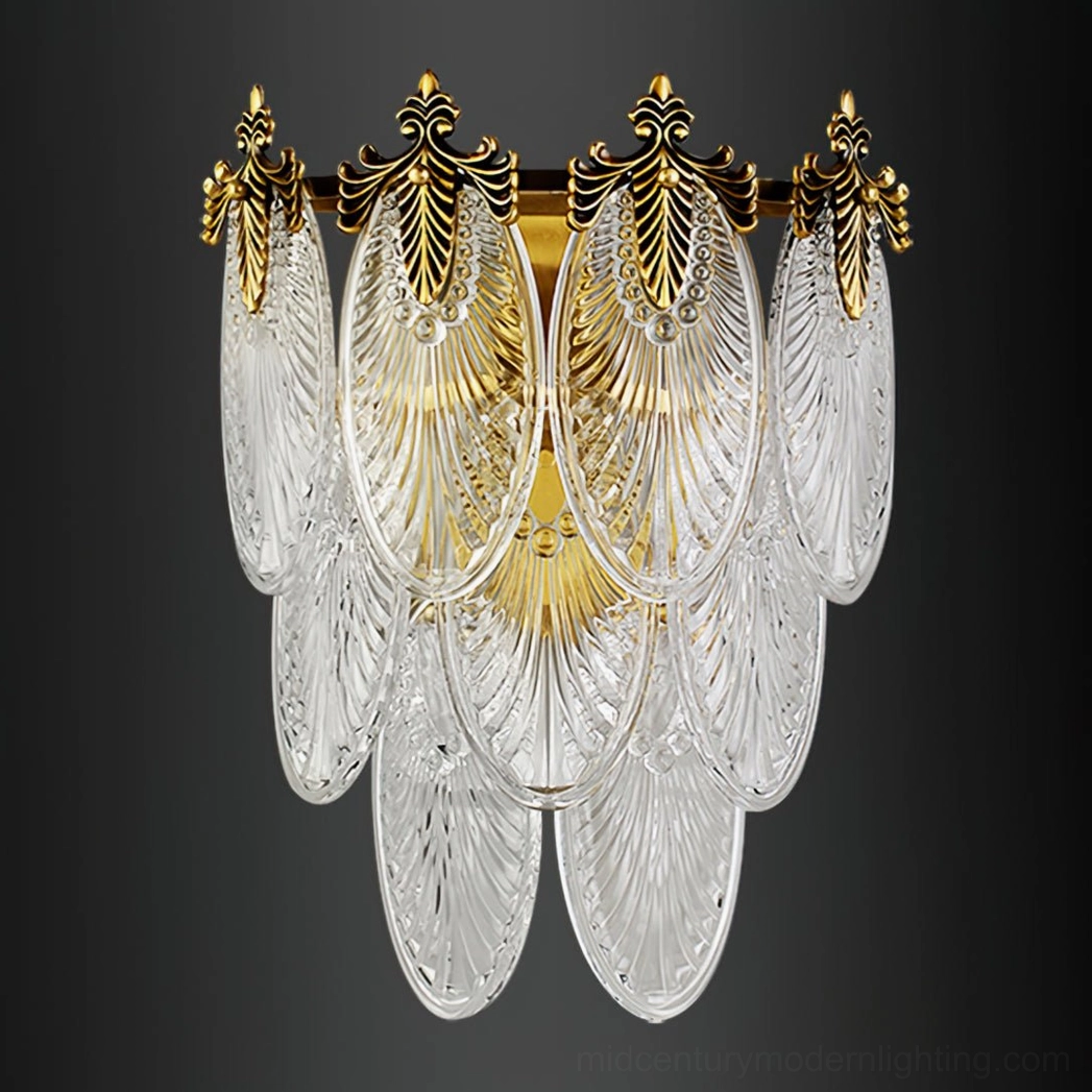 Giulia tiered glass brass wall lamp installed in pairs flanking modern bedroom headboard wall