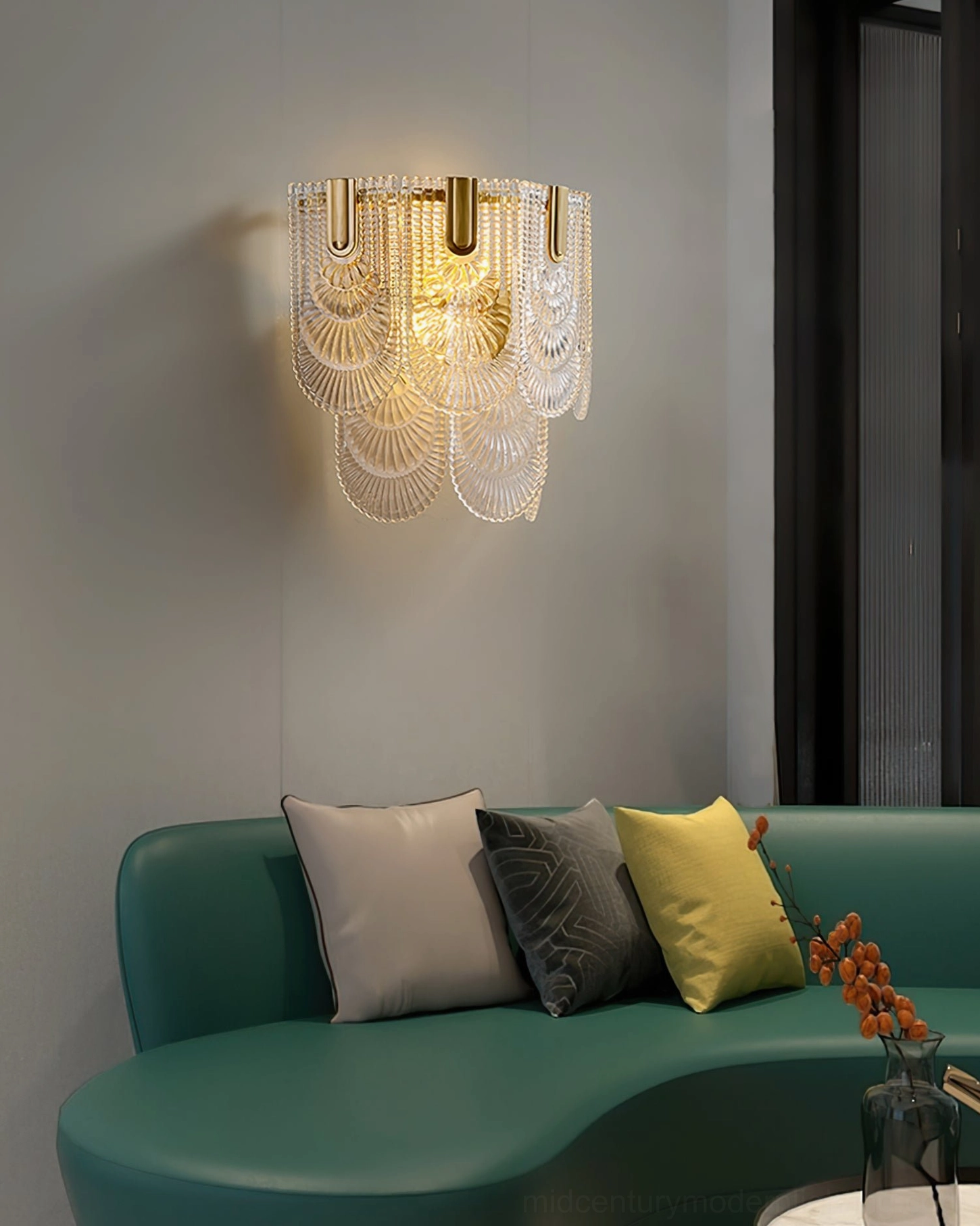 Giulia wall lamp with glass diffuser in hallway installation demonstrating contemporary minimalist styling
