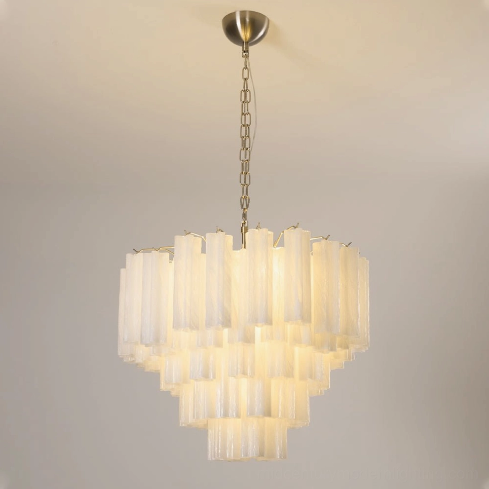 Glacier Tubular Chandelier close-up illuminated brass nickel metal hardware detail
