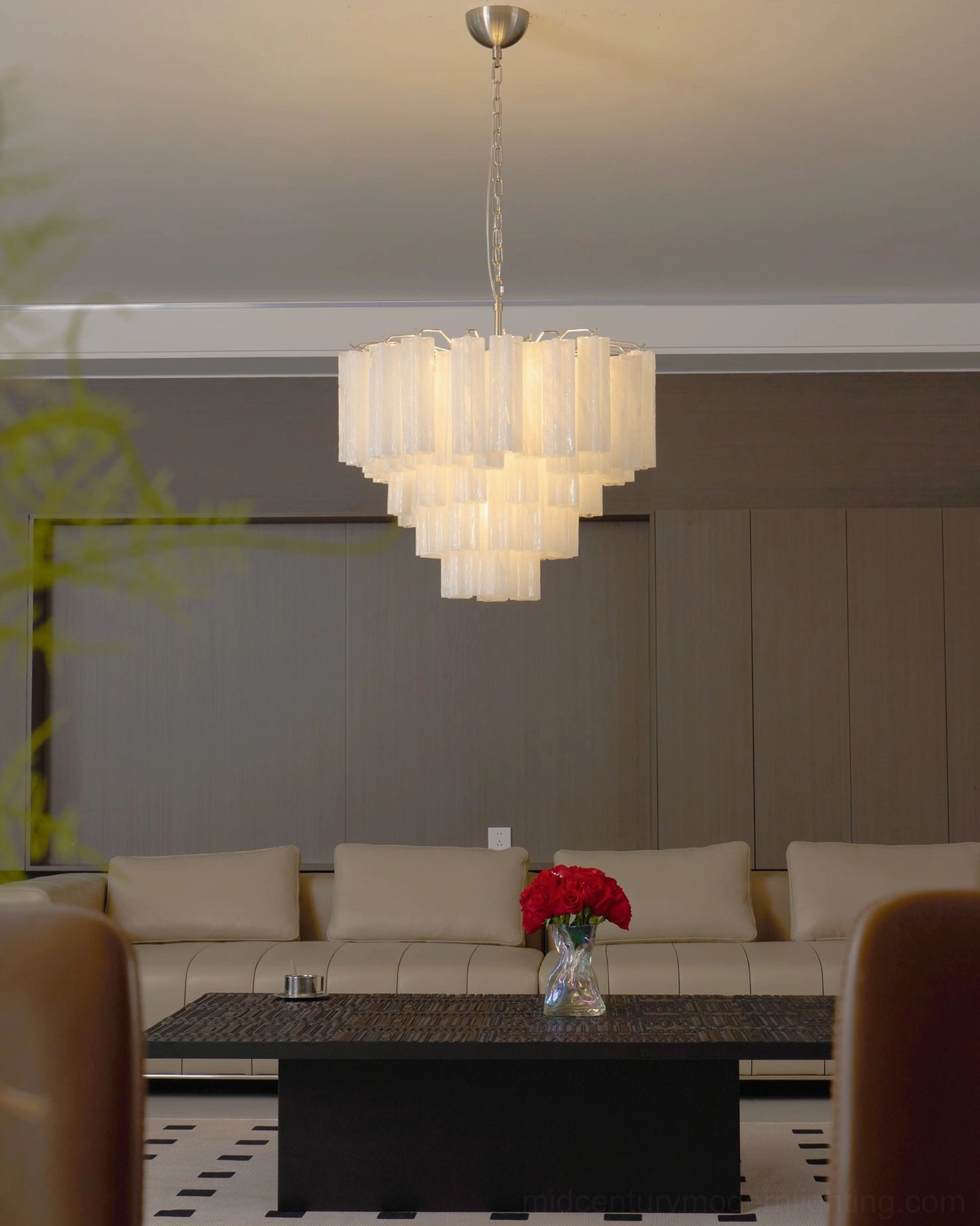 Glacier Tubular Chandelier wide living room view contemporary home decor styling