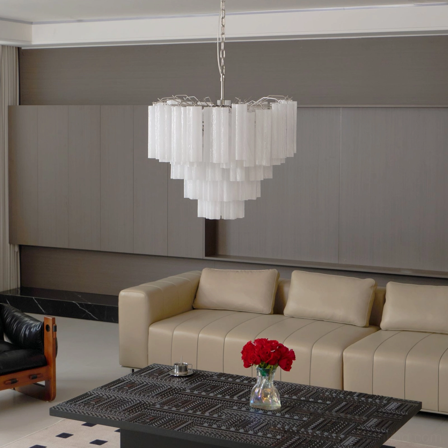 Glacier Tubular Chandelier modern luxury living room overhead view contemporary interior