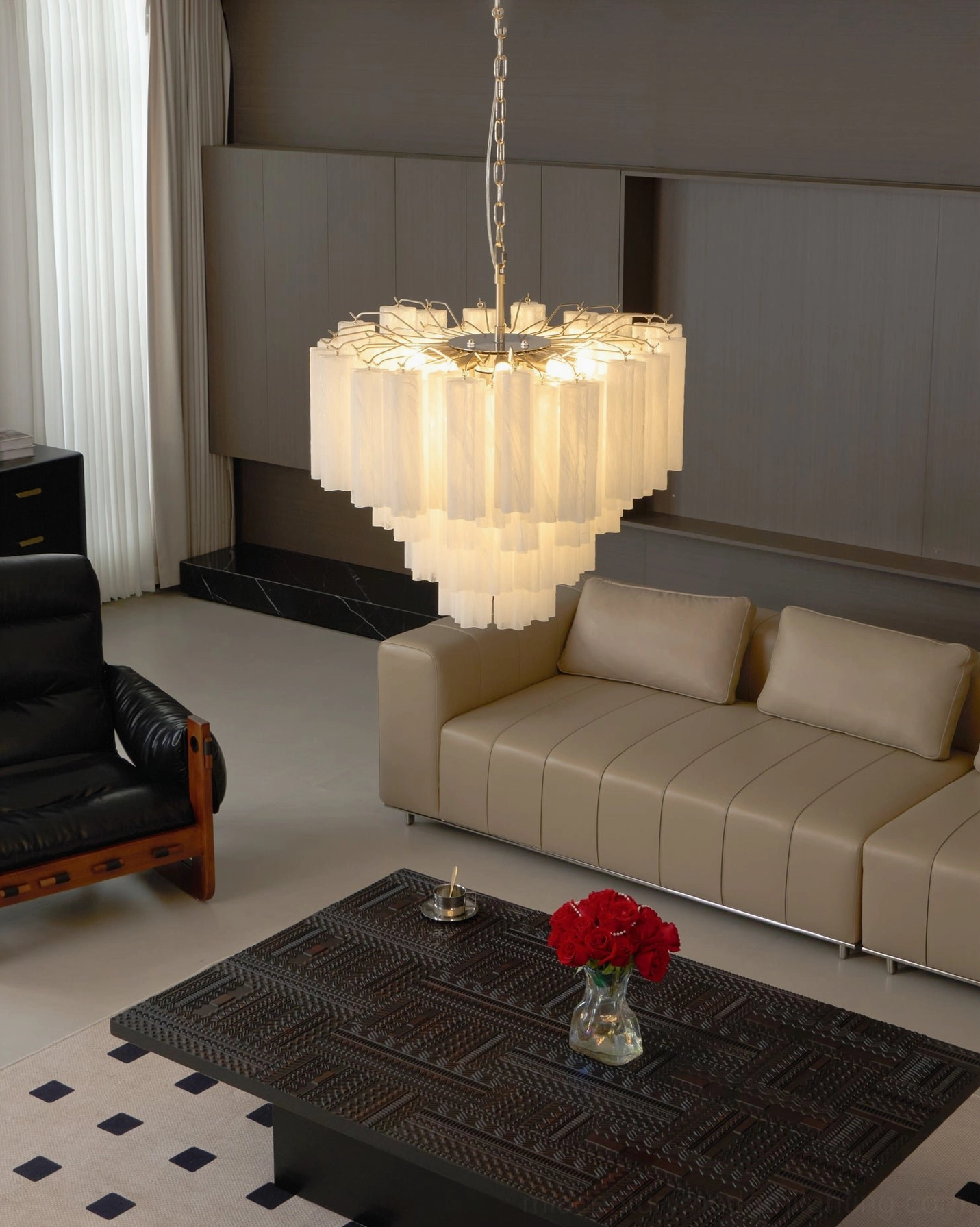 Glacier Tubular Chandelier overhead modern living room complete sofa setup styling