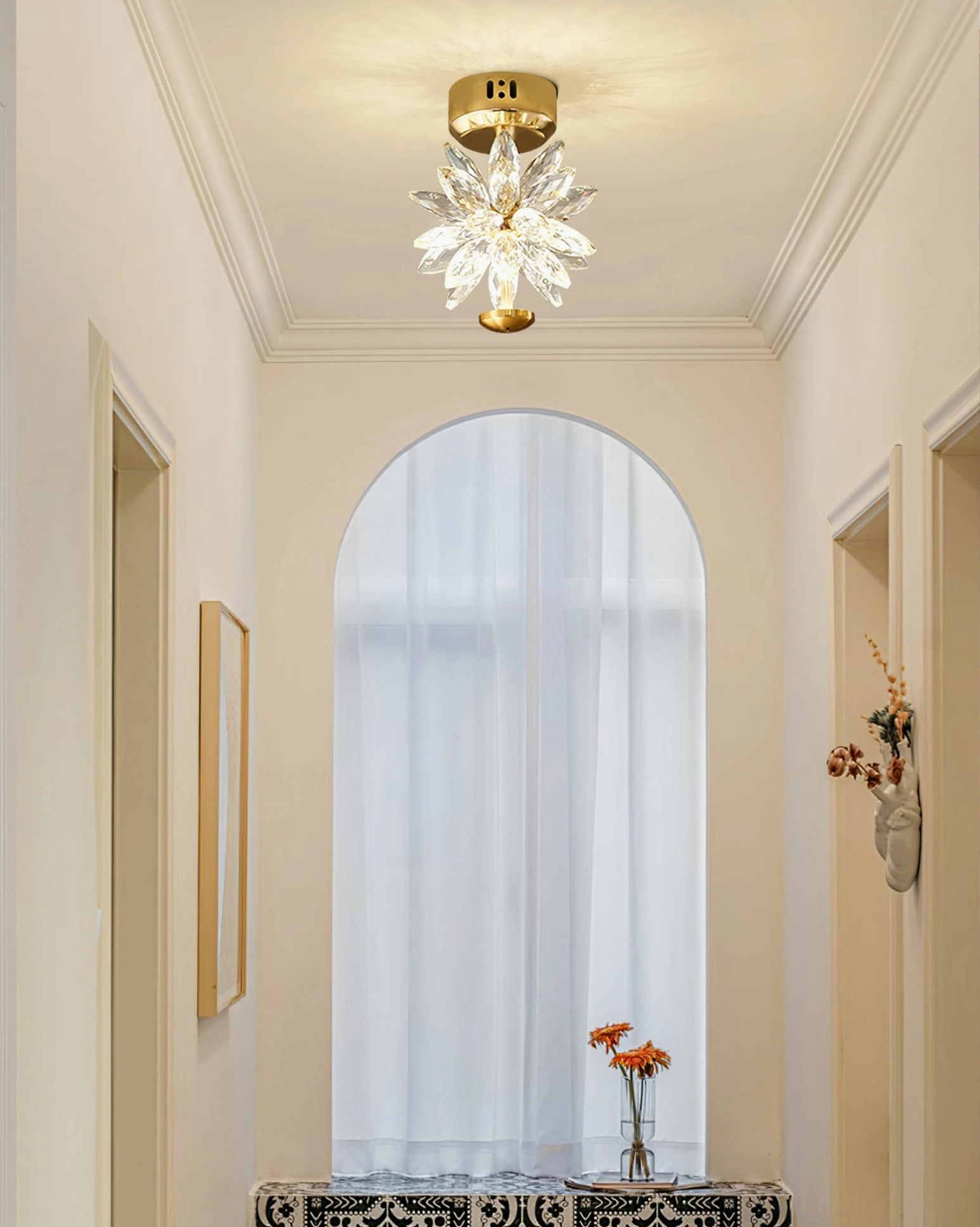 Glam Flower Crystal Ceiling Lamp - Gold finished flush mount showing transparent petals and metal frame