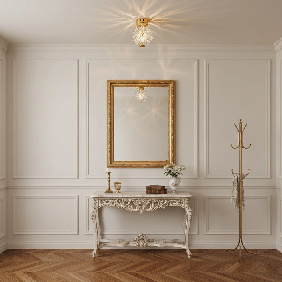 Glam flower flush mount light in neoclassical foyer with ornate gold-framed mirror and classic luxury interior styling